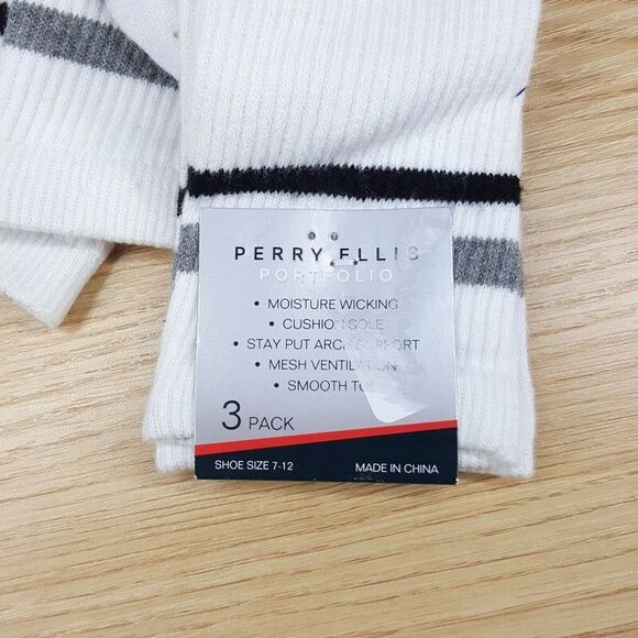 PERRY ELLIS Crew Socks White 3-Pack Moisture Wicking Cushioned Logo - Picture 2 of 4